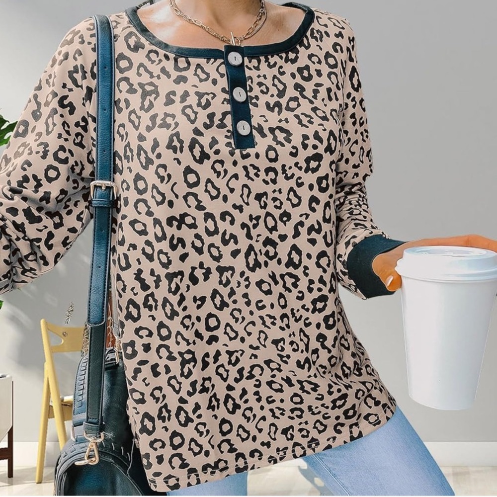 NWT No Label Size M Animal Long Sleeve Henley Fall Crew Neck Vintage Tunic Top